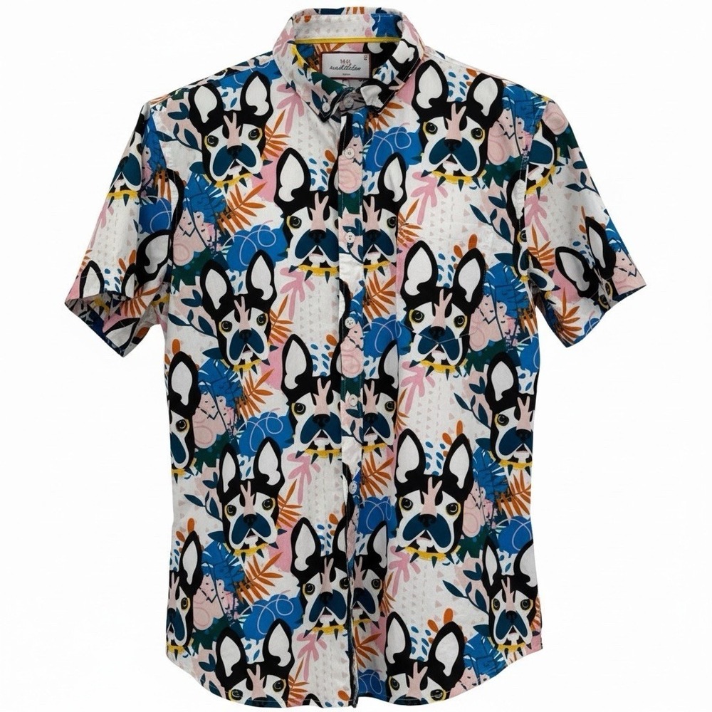 MTL Made To Live Men's Cotton Slim Fit Short Sleeve Button Shirt‎ Size L Pop Art